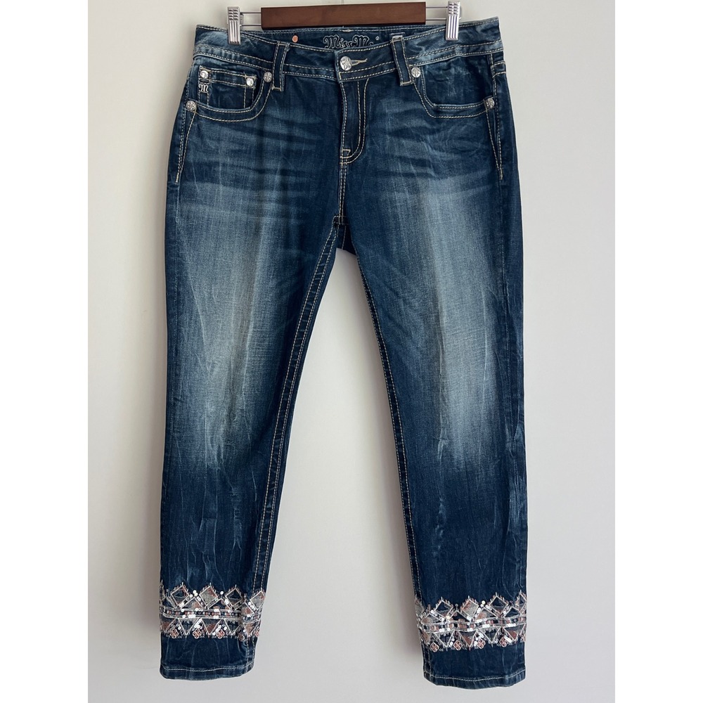 Miss Me Signature Cuffed Skinny Jeans Dark Wash Sequin Embroidered JP8734CK 27